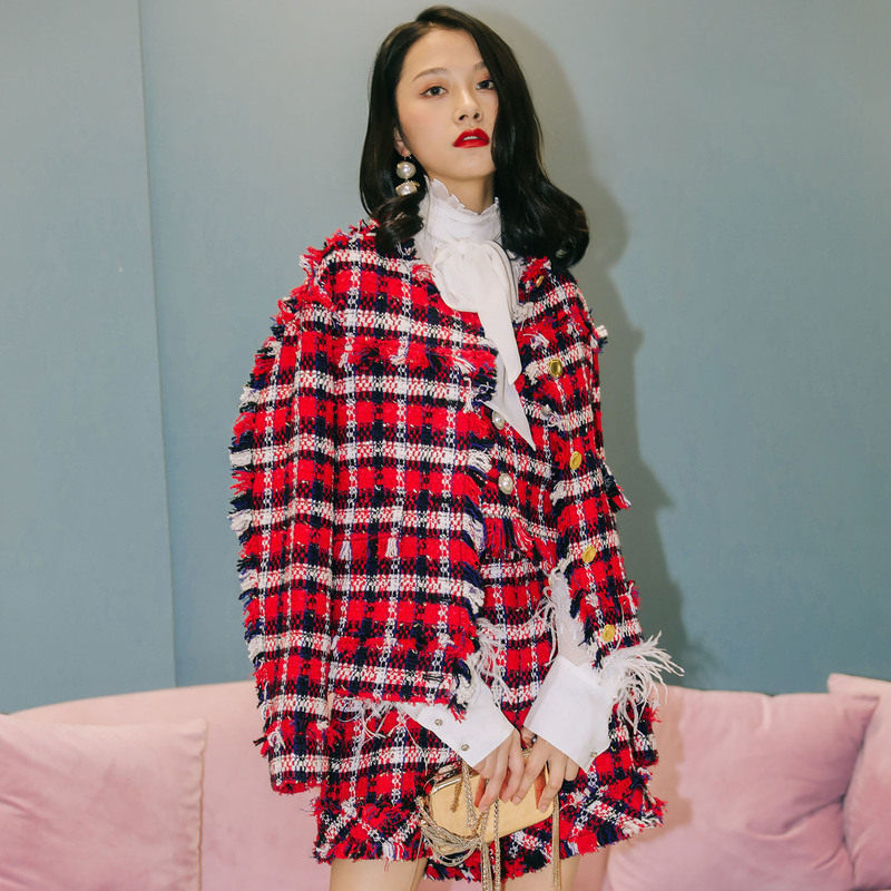 明星同款fionachen斐娜晨秋冬红色色格纹粗花呢短外套