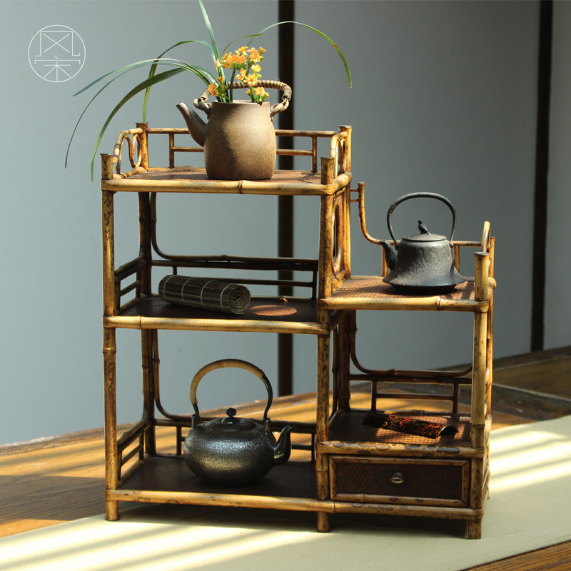风宋紫竹手工席面茶棚抽屉三层层高低档日式茶道