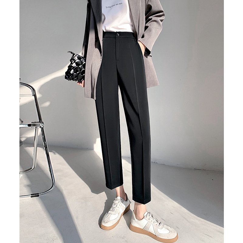 黑色烟管西装裤女高腰垂感直筒宽松小个子九分小脚哈伦西裤夏薄款