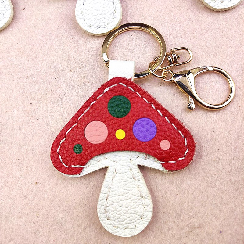 挂件手工diy材料包牛羊皮真皮制作蘑菇钥匙扣钥匙扣