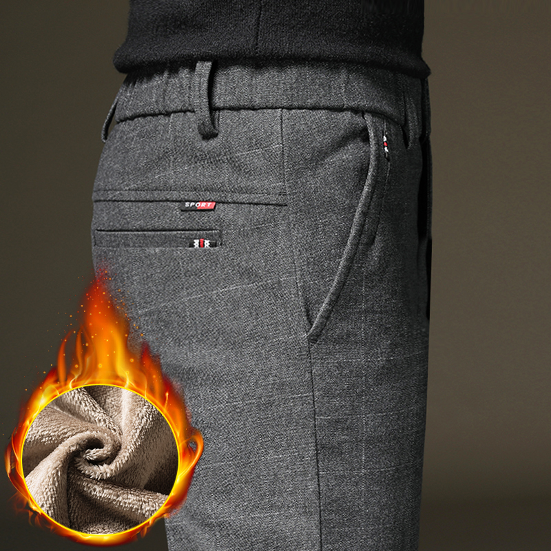 休闲裤男春秋季磨毛格子青年宽松直筒加绒加厚保暖外穿长裤子冬装