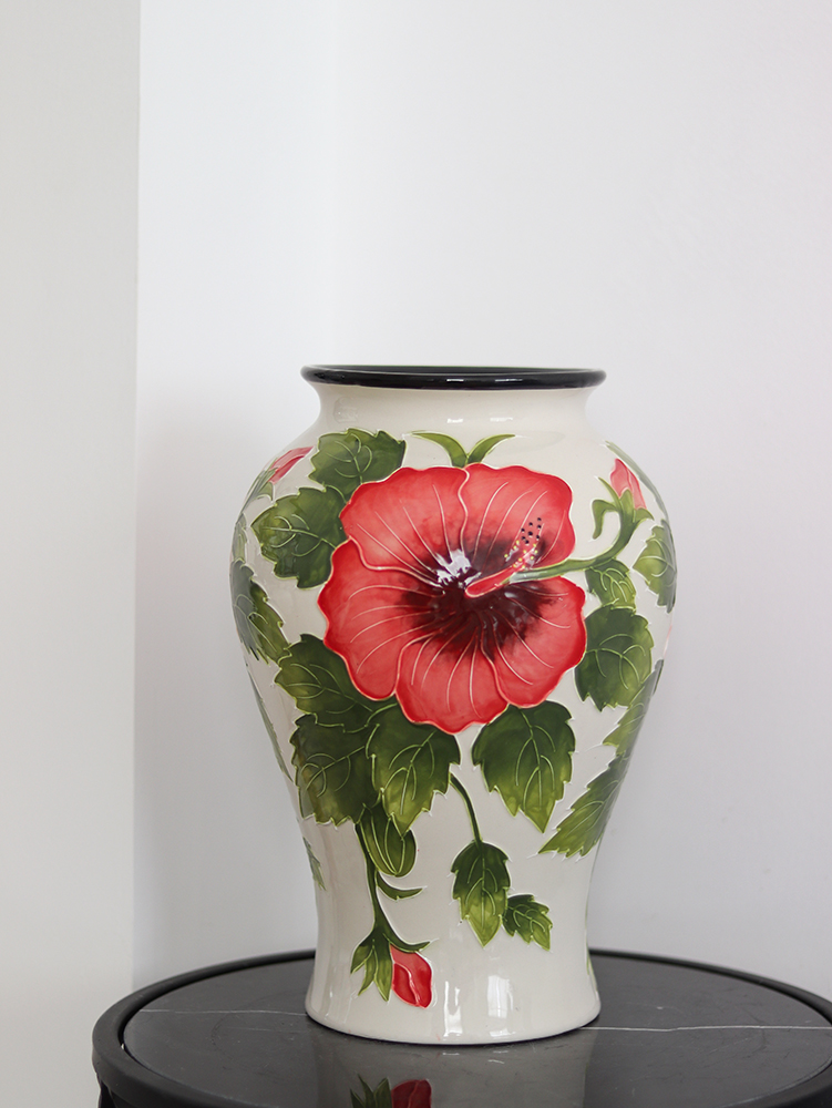 出口美国bluesky彩绘木槿花陶瓷大花瓶中式家居摆件花瓶
