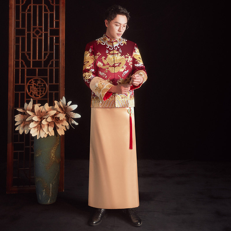 金色秀禾服2021夏季新男款敬酒服龙凤褂中式新郎结婚礼服男士婚服