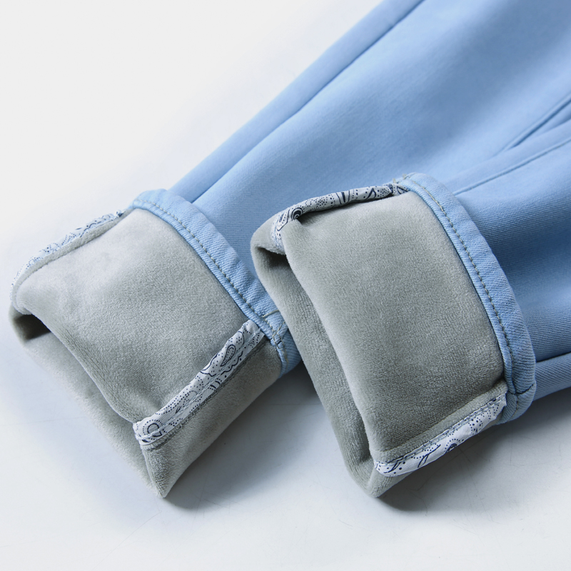 浅色加绒加厚牛仔裤女九分裤高腰长裤秋冬弹力显瘦一体绒小脚裤