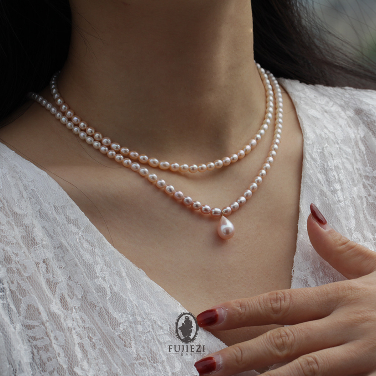 粉紫渐变变色强光天然淡水米形珍珠项链水滴颈饰