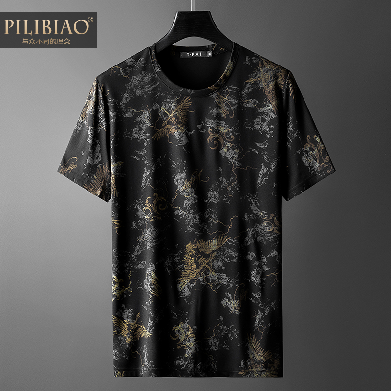 欧洲站轻奢潮牌男士短袖大码花色迷彩烫金印花t恤男修身半袖上衣
