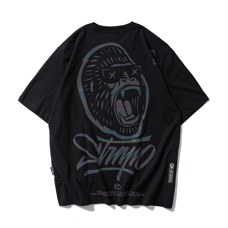 夏季欧美潮牌ins猩猩反光短袖男潮国潮加肥t恤