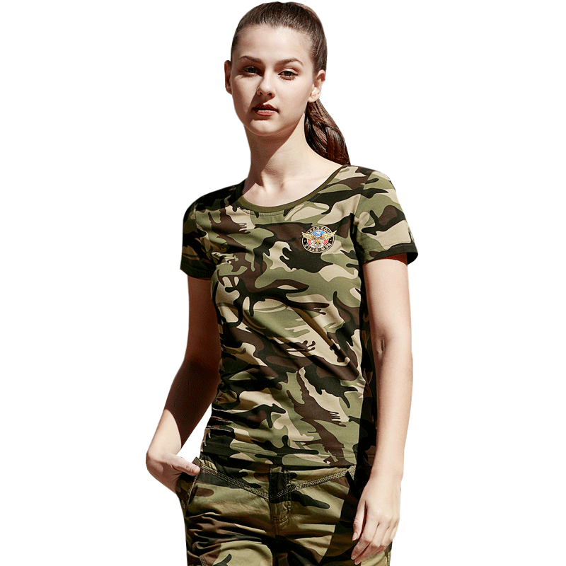 夏弹力迷彩t恤女短袖圆领修身运动上衣军迷户外体恤女款汗衫