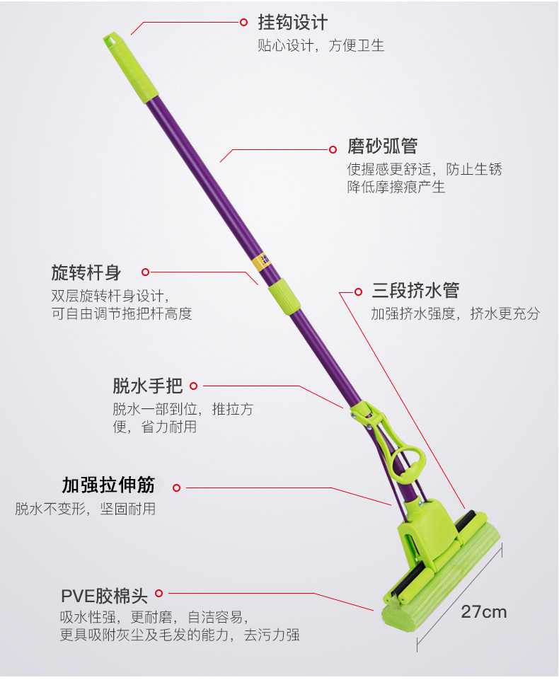 拖把妙洁滚轮神奇魔吸胶棉压挤海绵吸水免手胶棉拖把