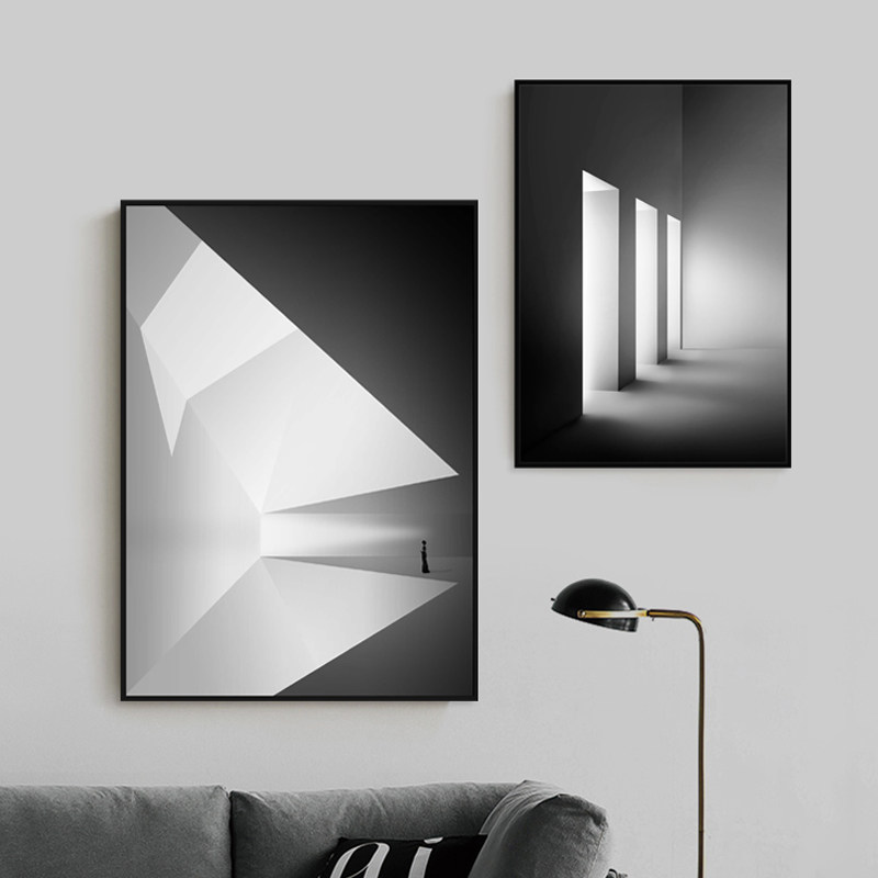 黑白灰空间感延伸工业风光光影几何创意建筑过道现代装饰画