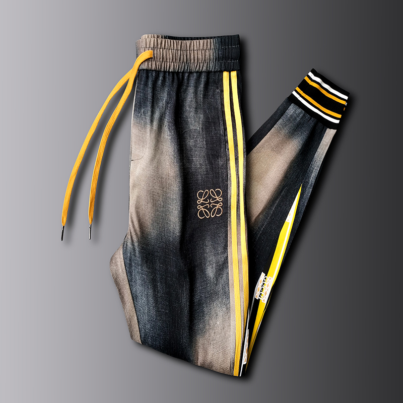 春季ins潮牌休闲长裤条纹拼接男裤百搭运动牛仔裤薄款宽松垮裤夏