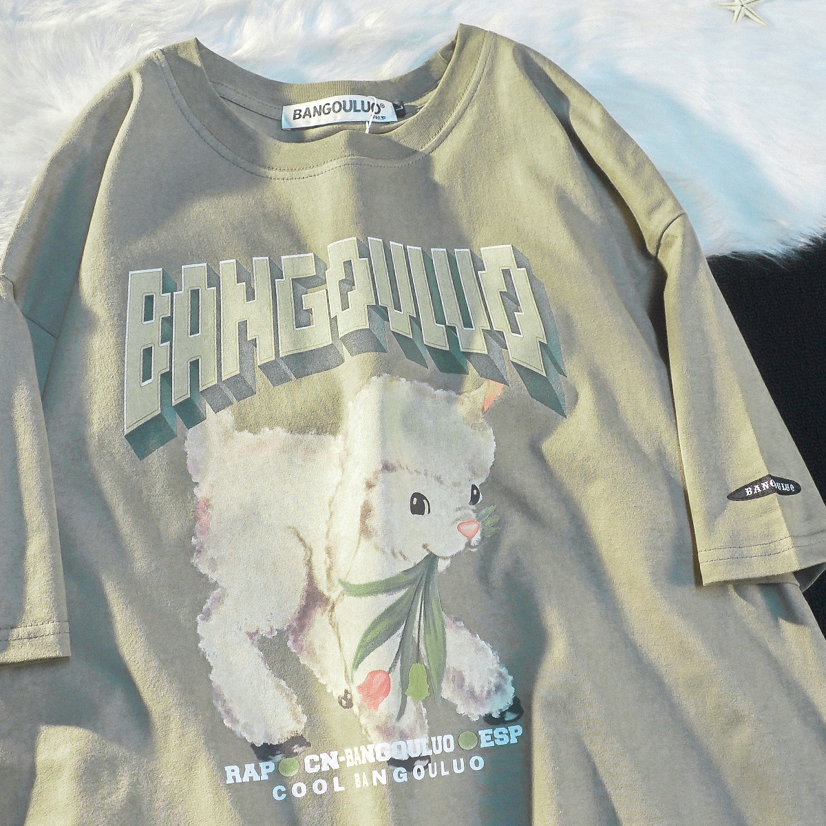 APWSTUDIO慵懒风复古小羊纯棉短袖t恤男女宽松情侣装休闲半袖上衣