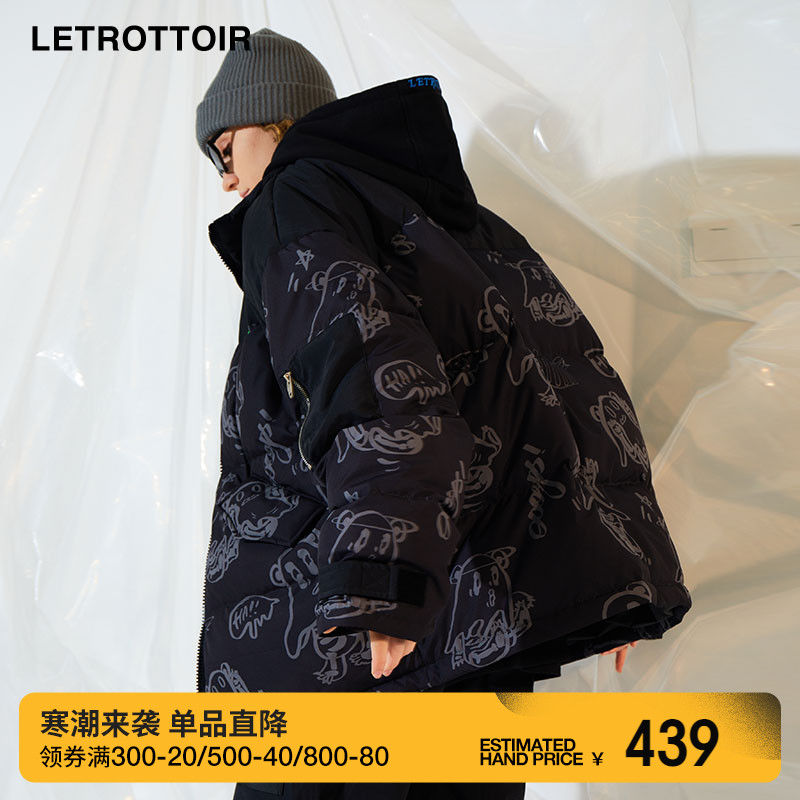 LETROTTOIR潮牌冬季幽灵熊满印极寒鸭绒男情侣嘻哈加厚羽绒服外套