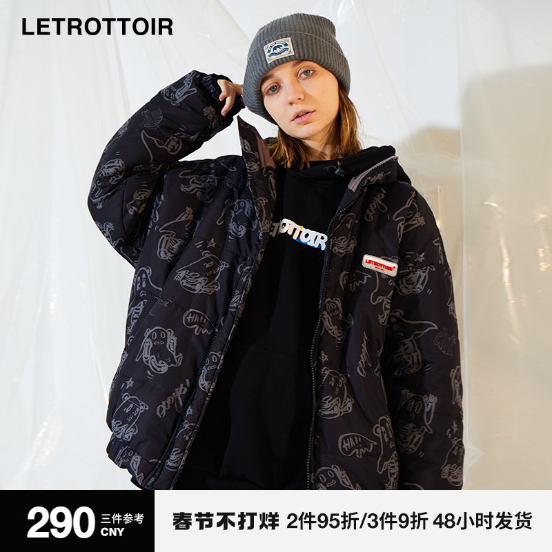 LETROTTOIR潮牌幽灵熊满印立领棉衣情侣防风保暖加厚棉服外套男女