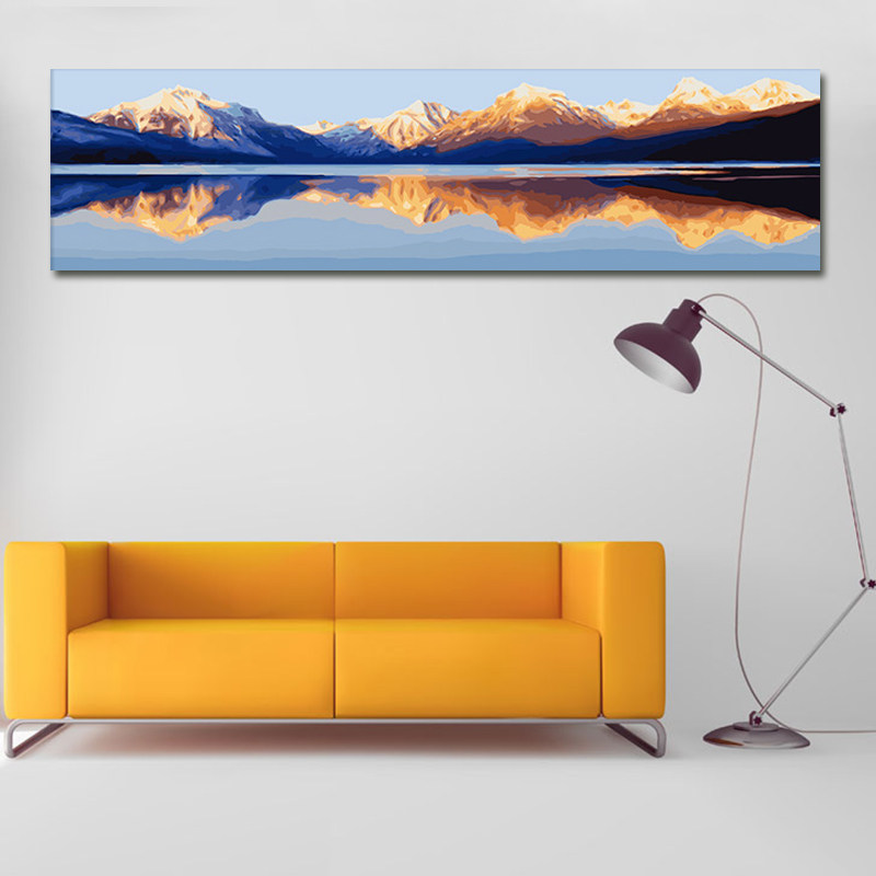 diy数字油画日照金山大山大尺寸横版长条风景画湖光山色diy