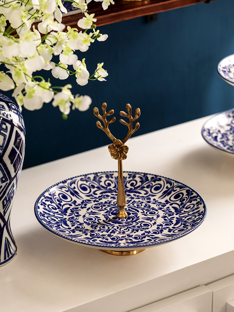 装饰高档果盘茶几玄关点心奢华中式陶瓷配铜果盘