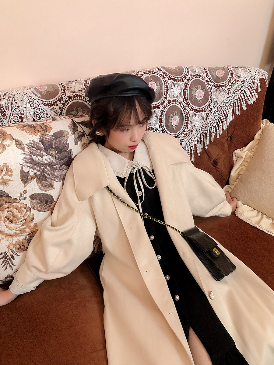 贰羊设计法式宫廷风复古油画珍珠少女连衣裙女秋冬打底加厚连衣裙