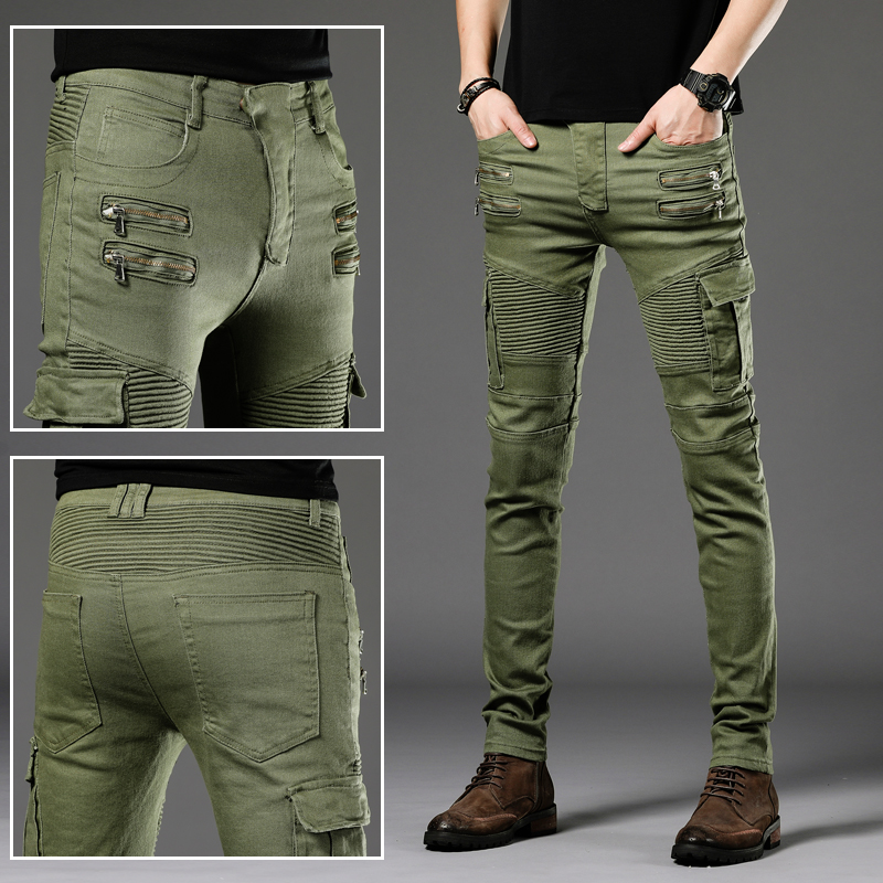 欧美男士青年修身拉链设计复古小脚裤军绿色潮流街头机车牛仔裤男