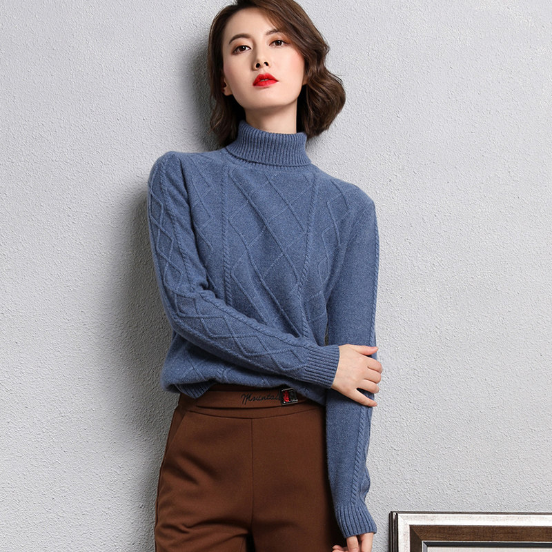 凤凰100羊绒衫女纯羊绒高领套头毛衣加厚菱格毛衣