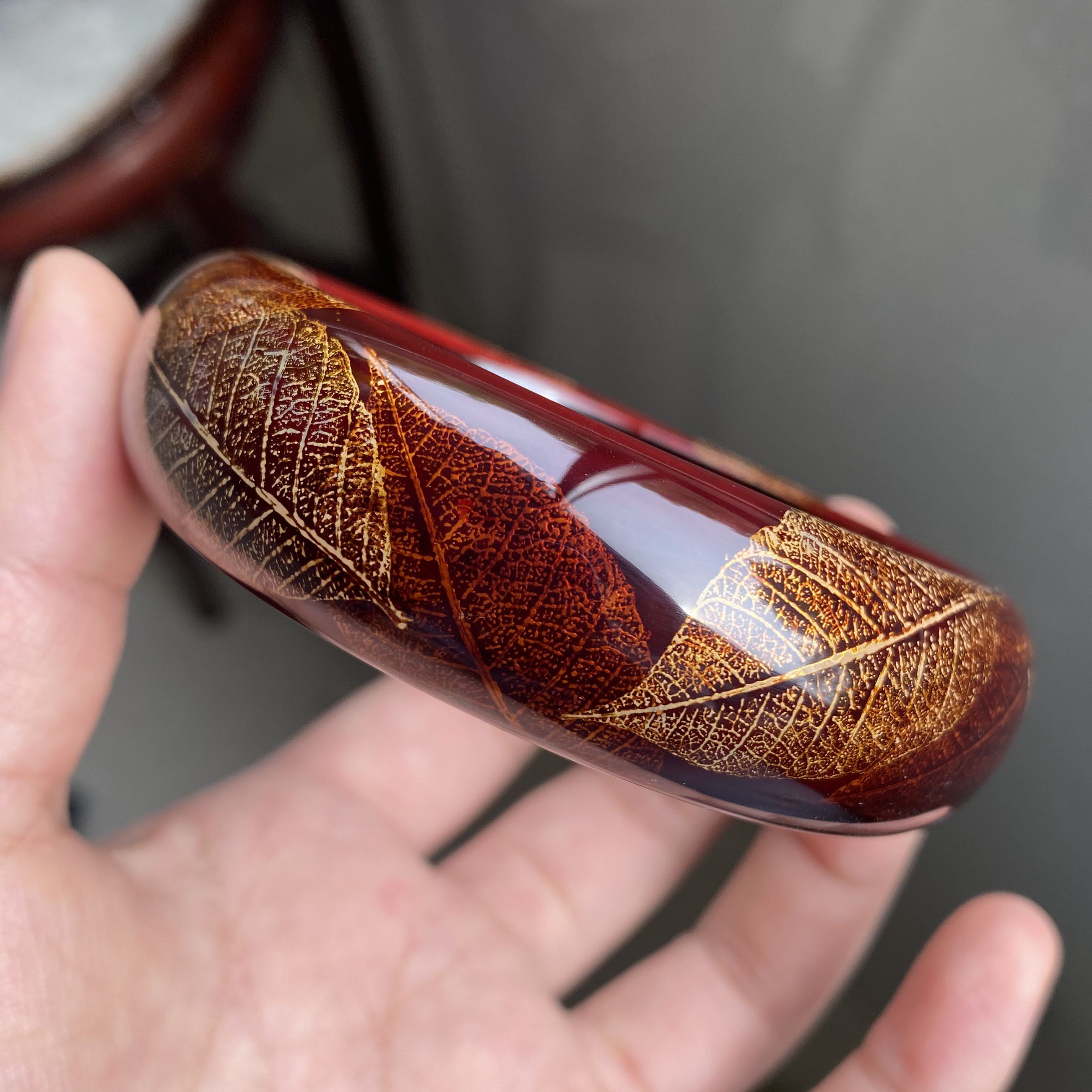 定制接单红金木叶工艺大漆手镯宽镯漆器