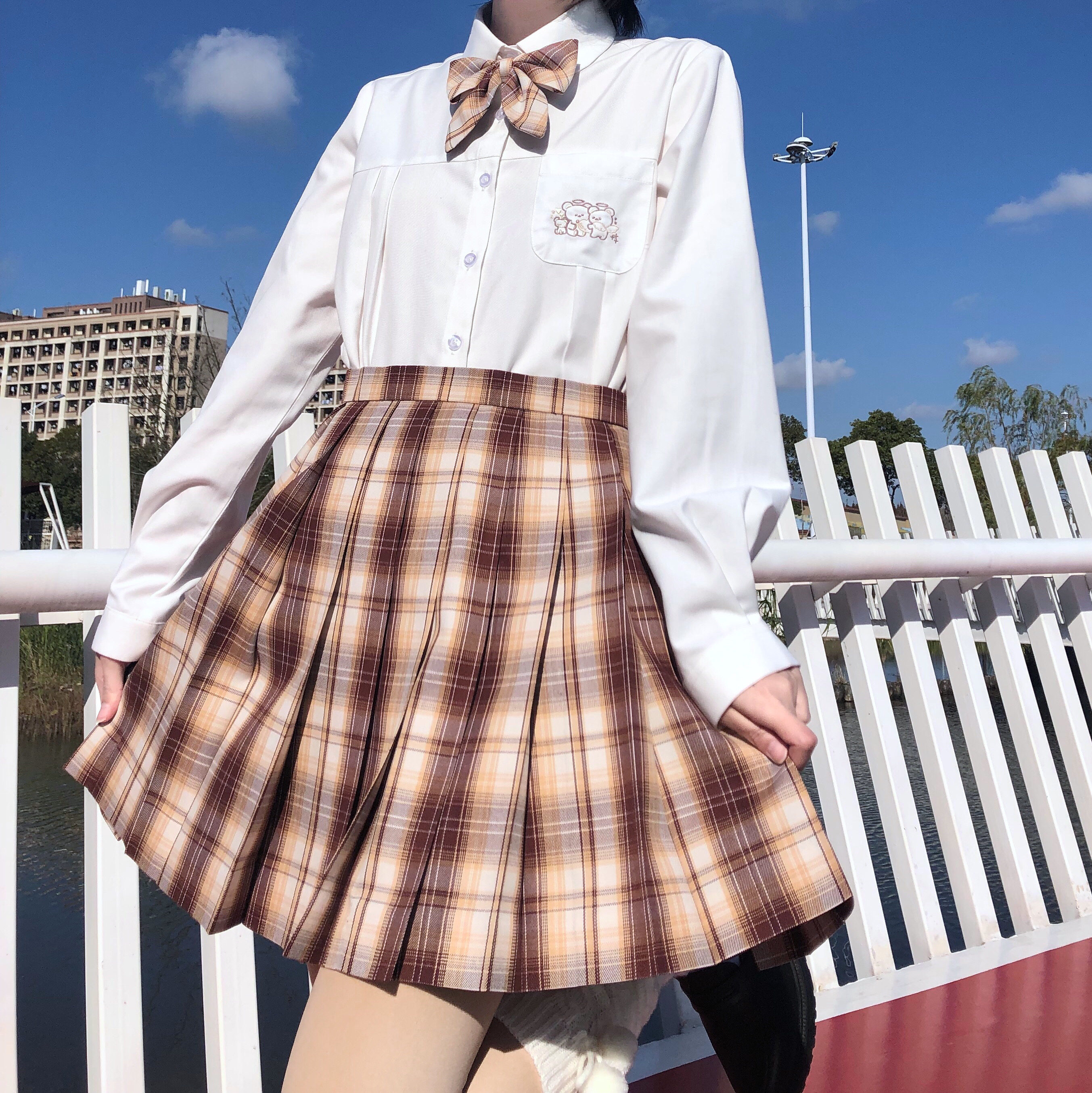 jk校园百褶裙制服原创格裙浅棕弥生家夏季现货半身裙