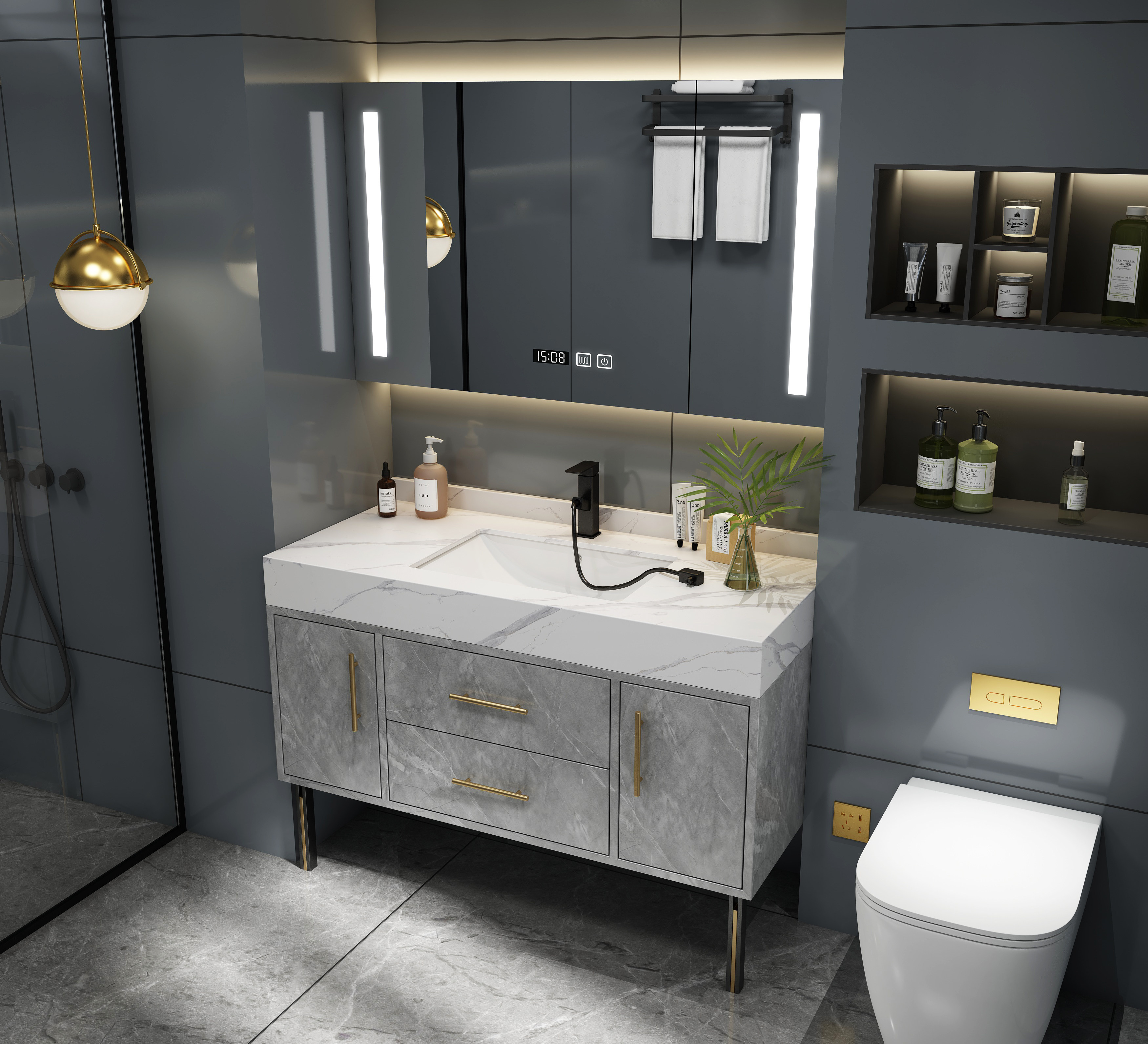 大理石浴室柜组合智能实木现代简约洗手洗脸池卫生间洗漱台盆落地