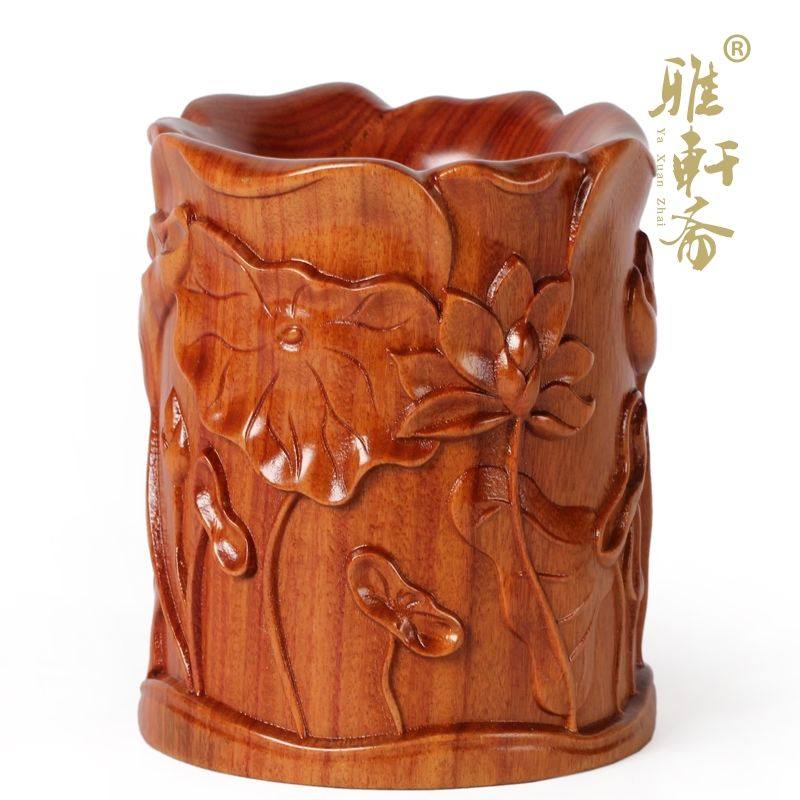 木雕木雕工工艺品红木摆件红色荷花莲子笔筒商务礼品木雕