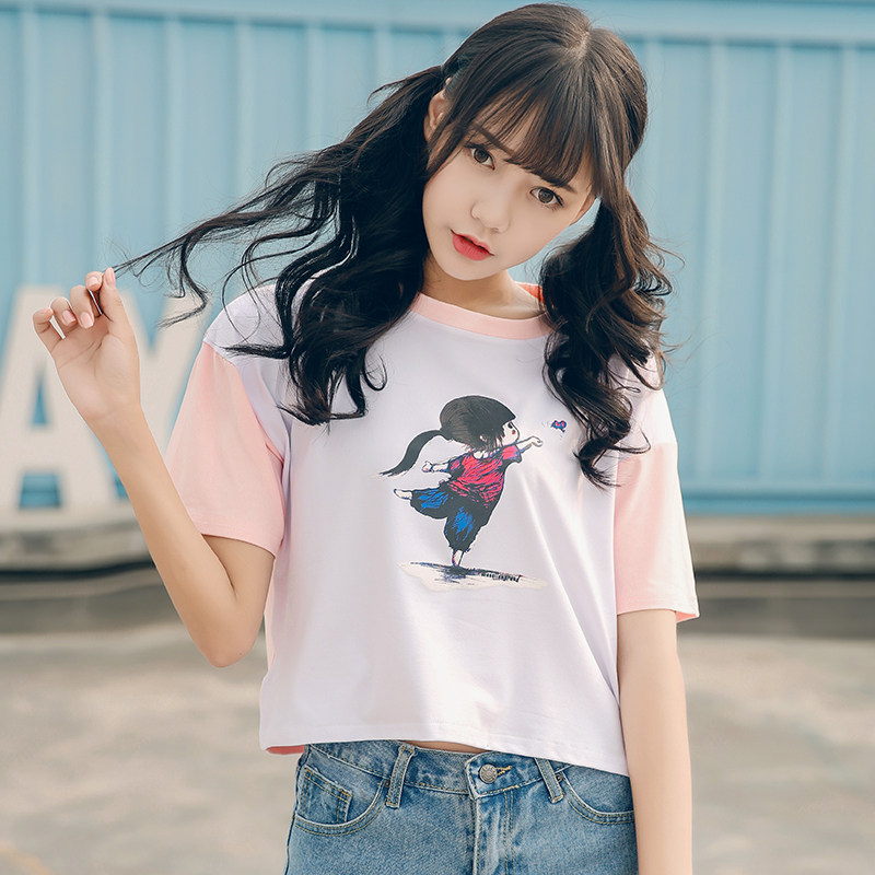 软妹日系夏装少女港风短袖t恤短款上衣韩版学生宽松百搭衣服女装
