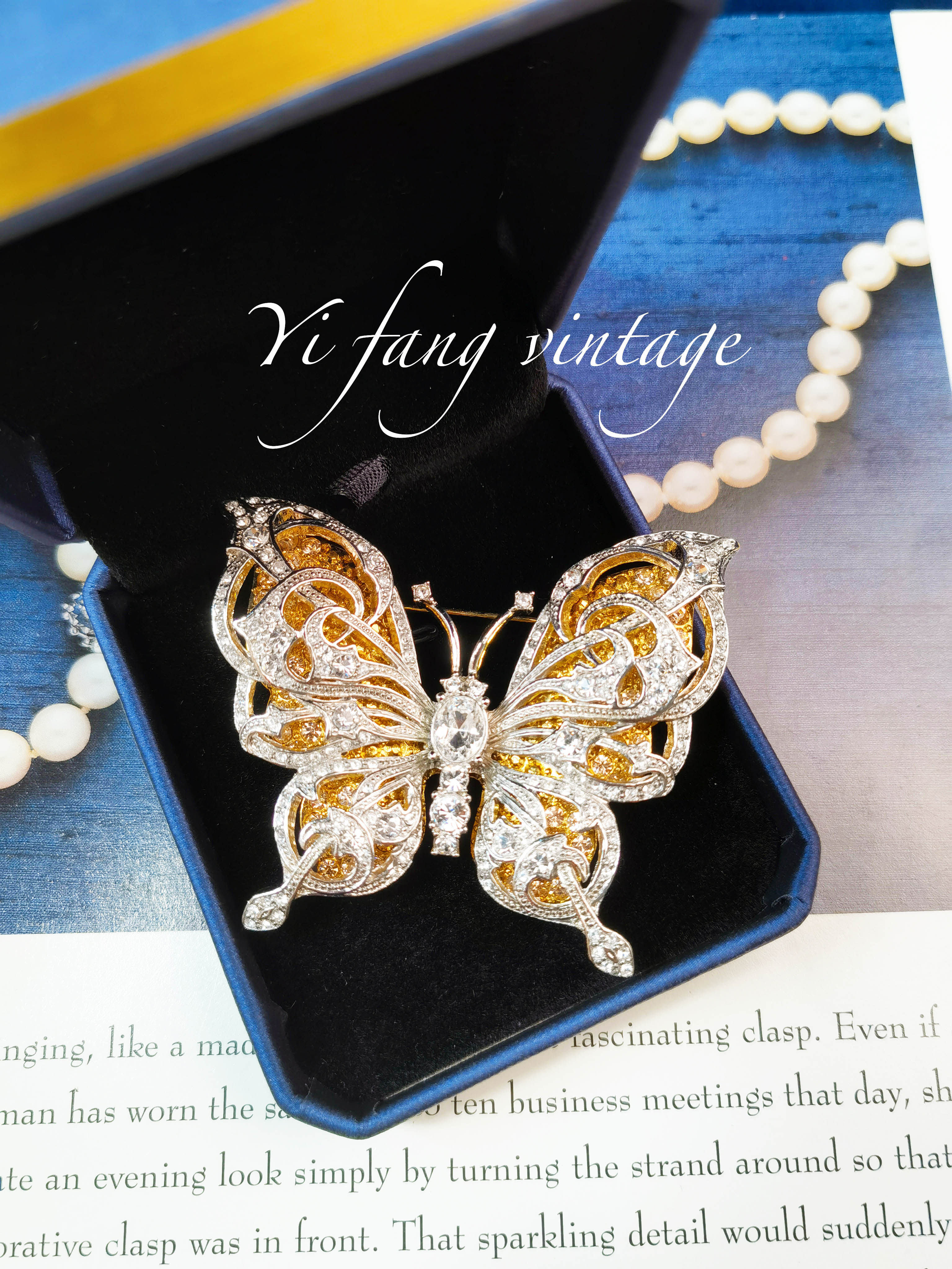 西洋古董vintage中古首饰nolanmiller金色莱茵石镶钻镶钻胸针