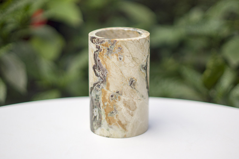 云南天然大理石孔雀石工艺品石雕圆筒形笔筒家居办公摆件