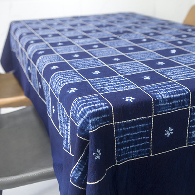 云南大理周城全棉手工蓝染桌布挂饰布墙壁画床单方格图案白族扎染