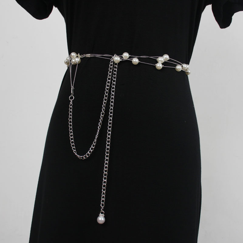 珍珠链条金属三排腰带腰链西装装饰收腰衬衫腰带
