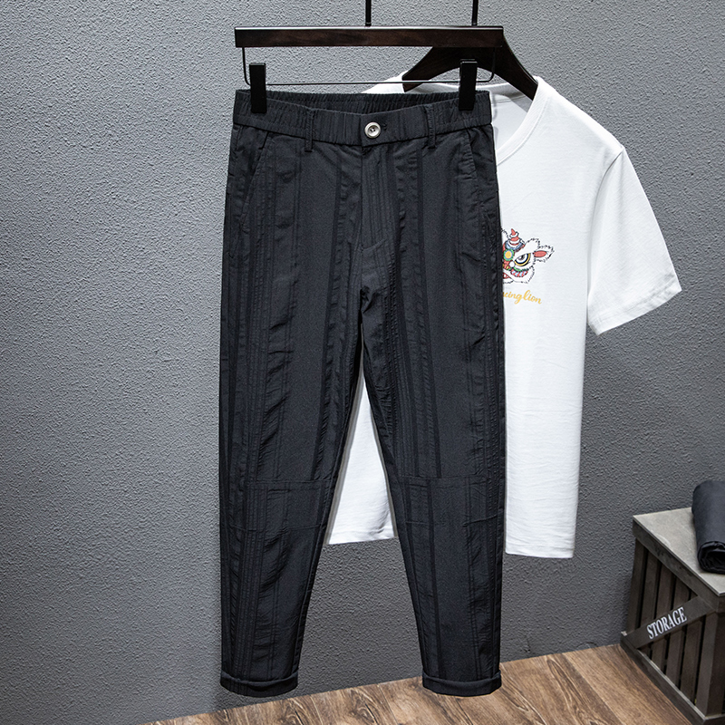 夏季薄款冰丝男士休闲裤修身潮流韩版弹力小西裤青年帅气提花裤子