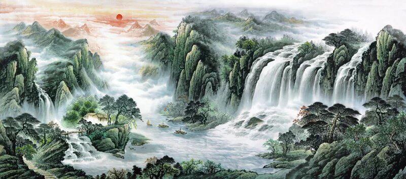 新款一帆风顺国画淡雅山水画青山绿水招财风水装饰画宣纸国画