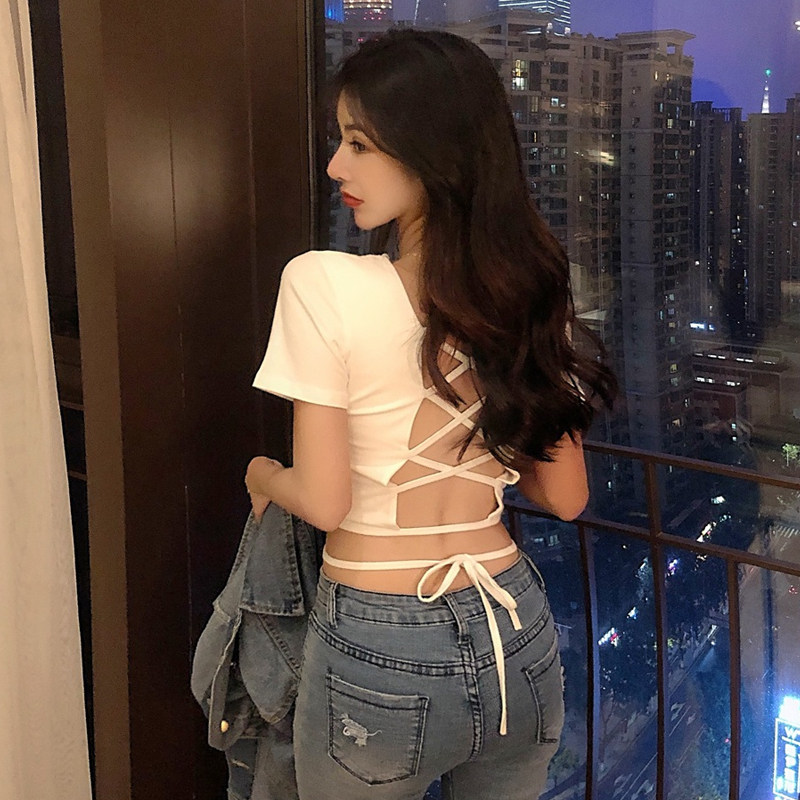 露背心机ins小众设计漏背后背性感短款恤露t恤