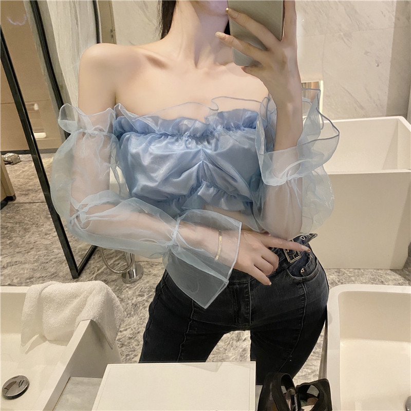 网红直播衣服女主播服装上镜性感一字短款露脐蕾丝衫