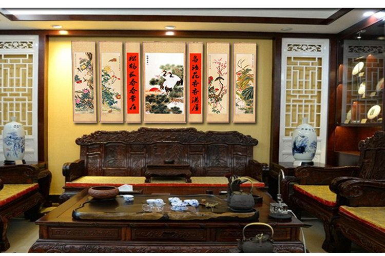 丝绸中堂客厅挂画农村堂屋装饰山水画对联风水镇现代装饰画