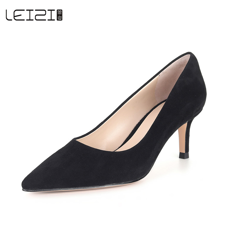 蕾姿女鞋春夏绒面羊皮浅口细跟女单单鞋