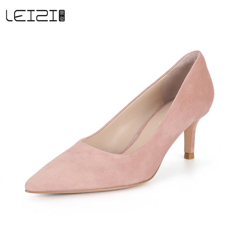 蕾姿女鞋春夏绒面羊皮浅口细跟女单单鞋