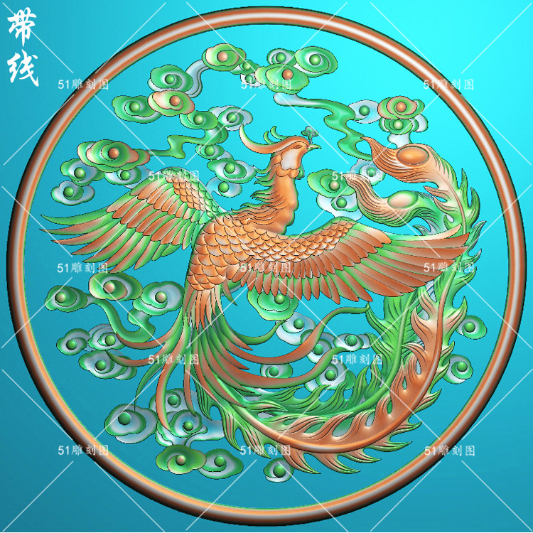 精雕jdp灰度bmp单凤浮雕木雕石雕df040圆形木雕