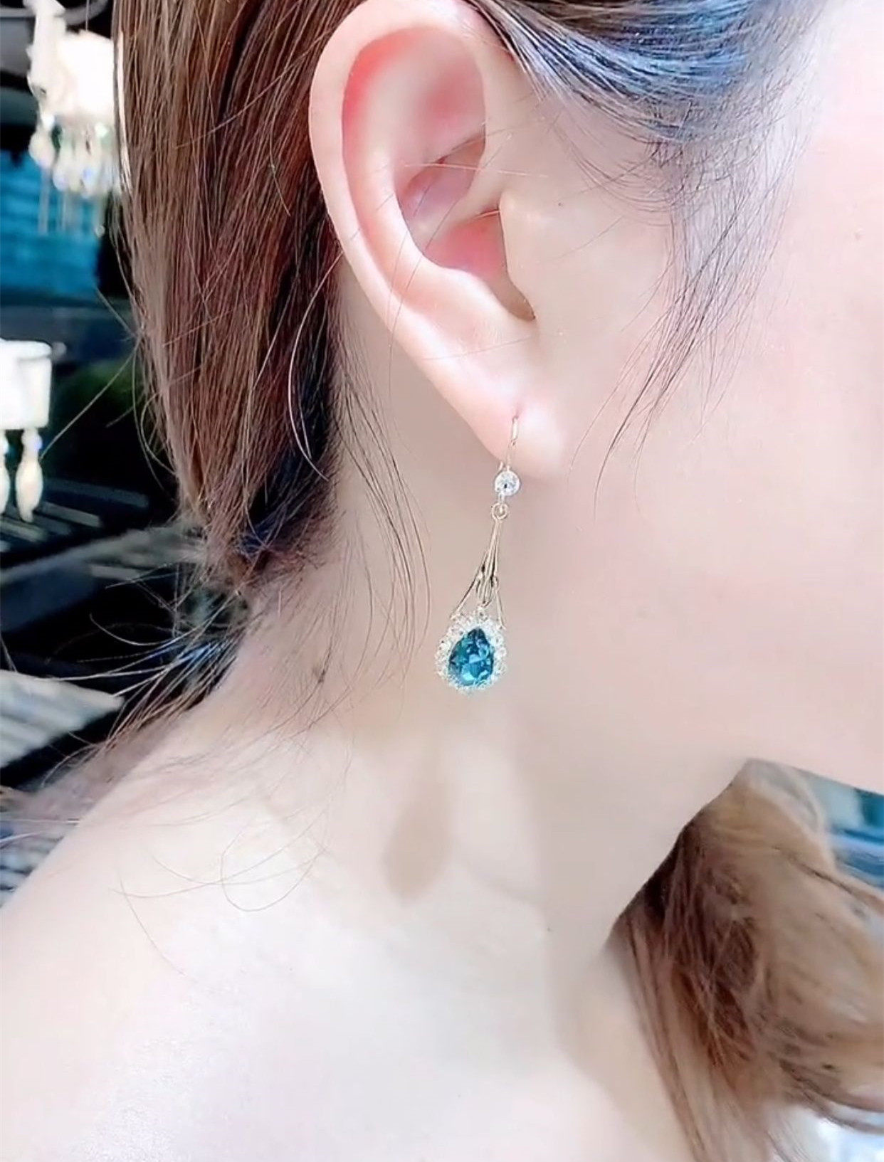 耳环韩国气质网红女防过敏蓝色水晶水滴耳坠精致耳环