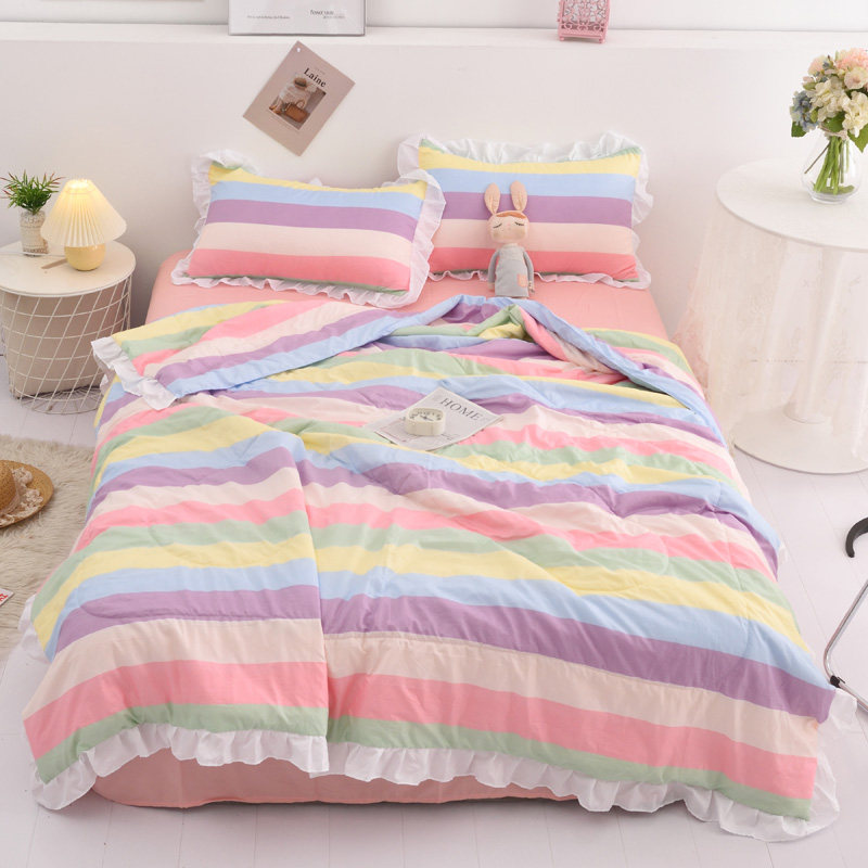 彩虹被子四件纯棉水洗双人条纹被单空调夏季化纤被