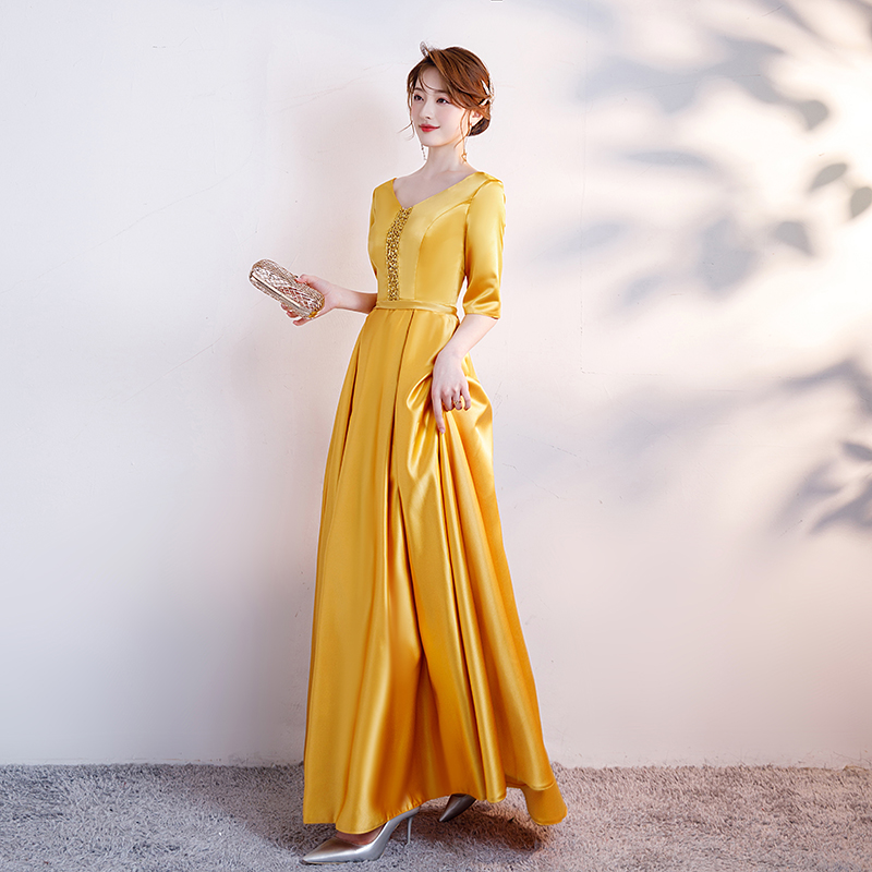 金色团体合唱服晚礼服女夏季宴会气质名媛端庄大气长裙演出
