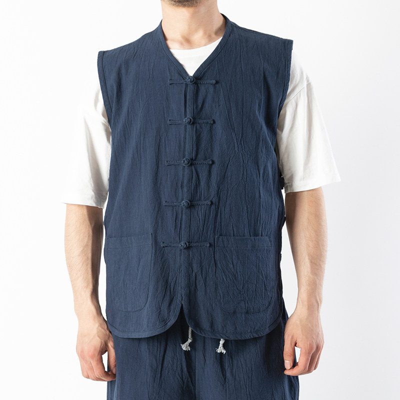 中国风棉麻唐装马甲套装男青年中式马褂夏季坎肩盘扣宽松背心汗衫