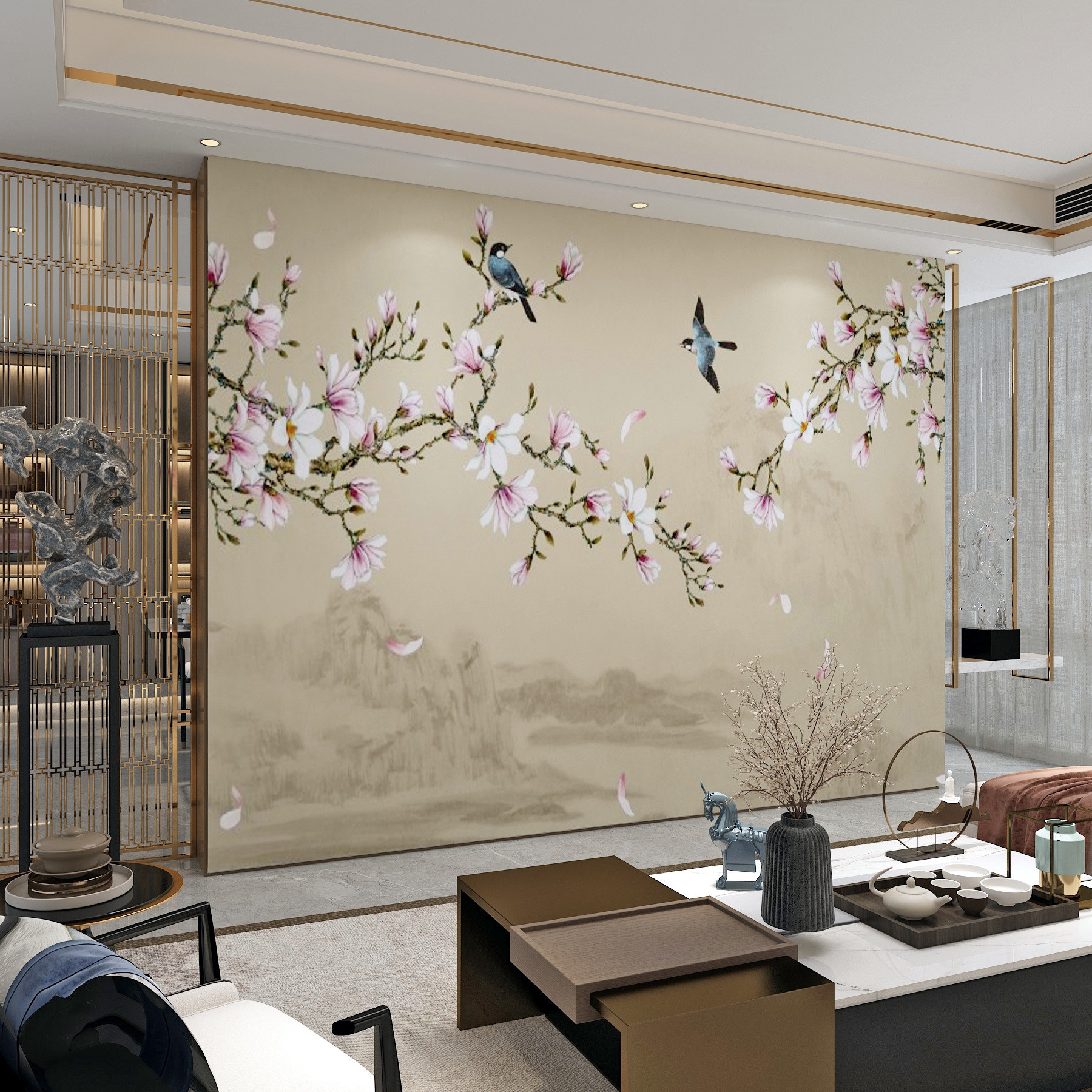 新古典简约书房墙布影视沙发花鸟工笔大气壁画定制壁画