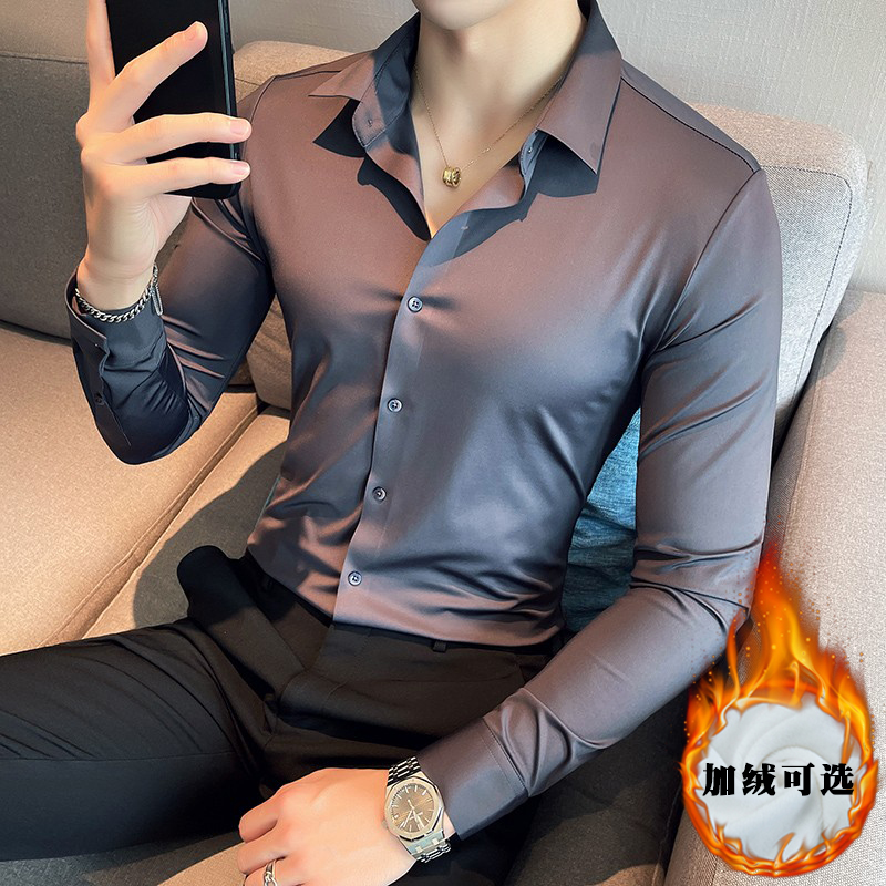 男士衬衫无痕高弹秋冬季修身加绒保暖加厚长袖商务休闲衬衣免烫寸
