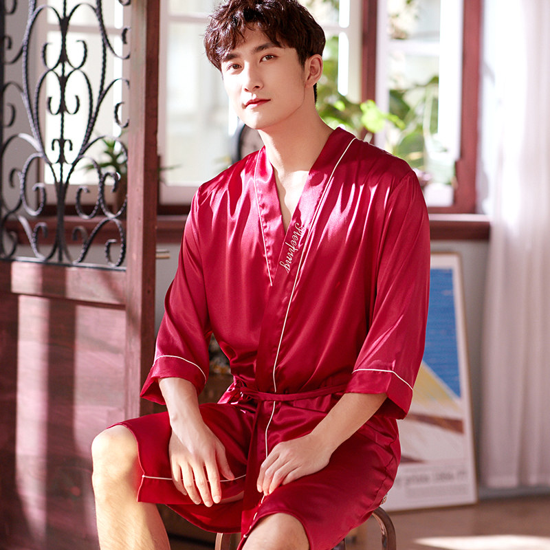 春秋新款性感丝绸睡衣男夏薄款丝质冰丝大码睡袍