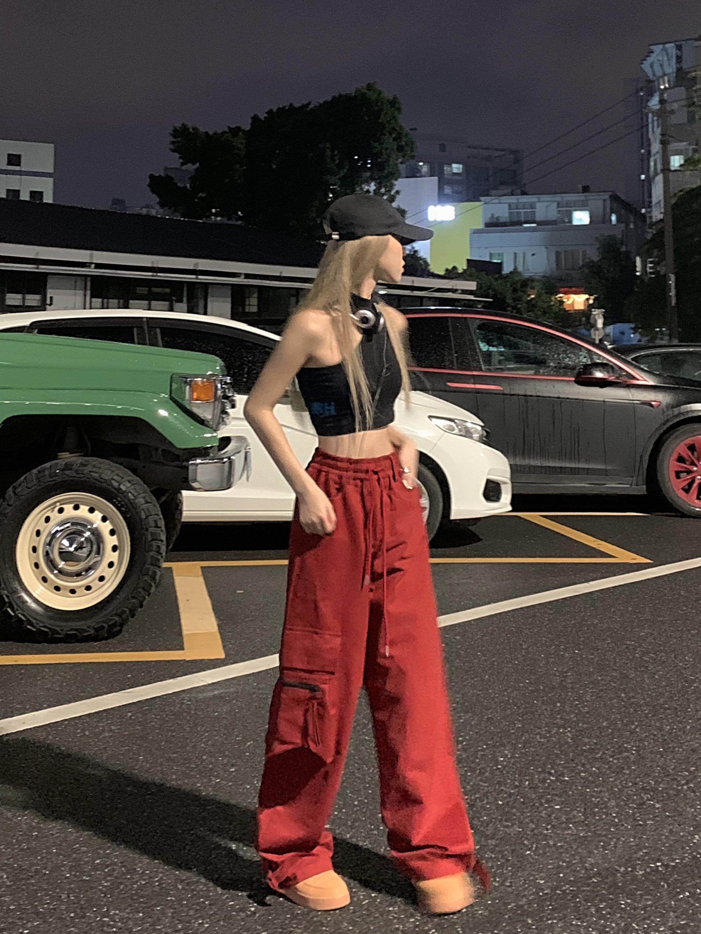 pphome街头拽姐高个子美式复古红色工装女高街设计休闲裤