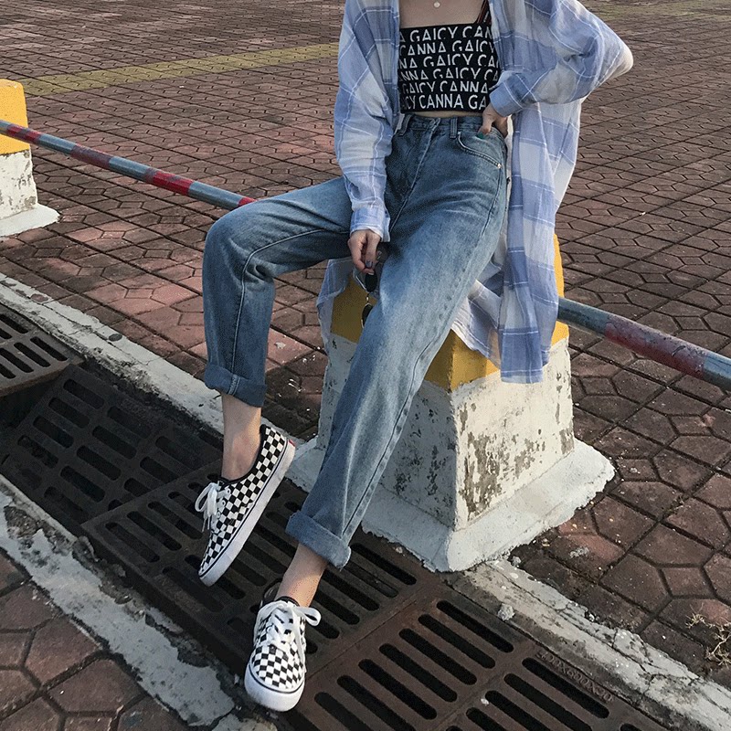 港风chic直筒牛仔裤女复古初恋裤学生2019新款韩版宽松阔腿萝卜裤