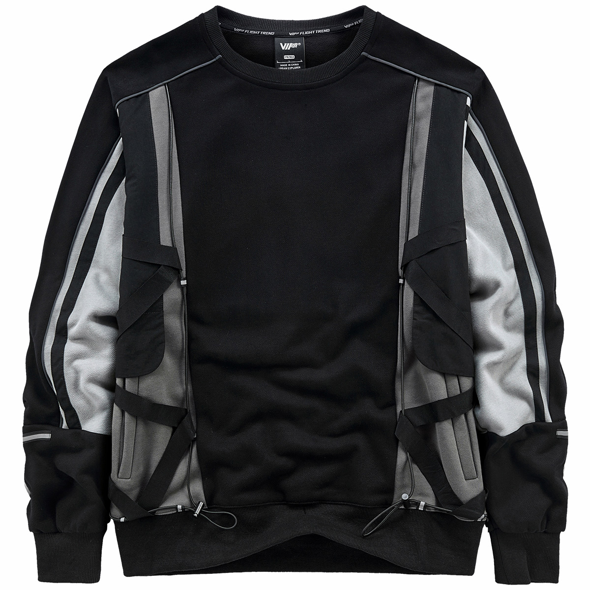 VIP机能风圆领卫衣男春秋宽松长袖t恤拼接撞色设计感小众上衣潮牌